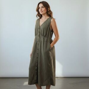 Pact Olive Green Linen Cotton Blend Button Front Midi Dress Gorpcore Granola XL